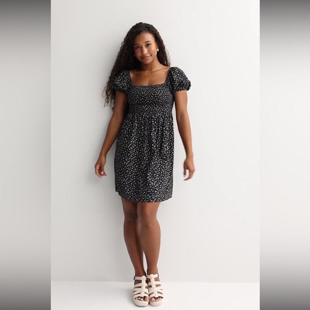 NWT SO Black Floral Puff-Sleeve Square-Neck Mini Dress size L